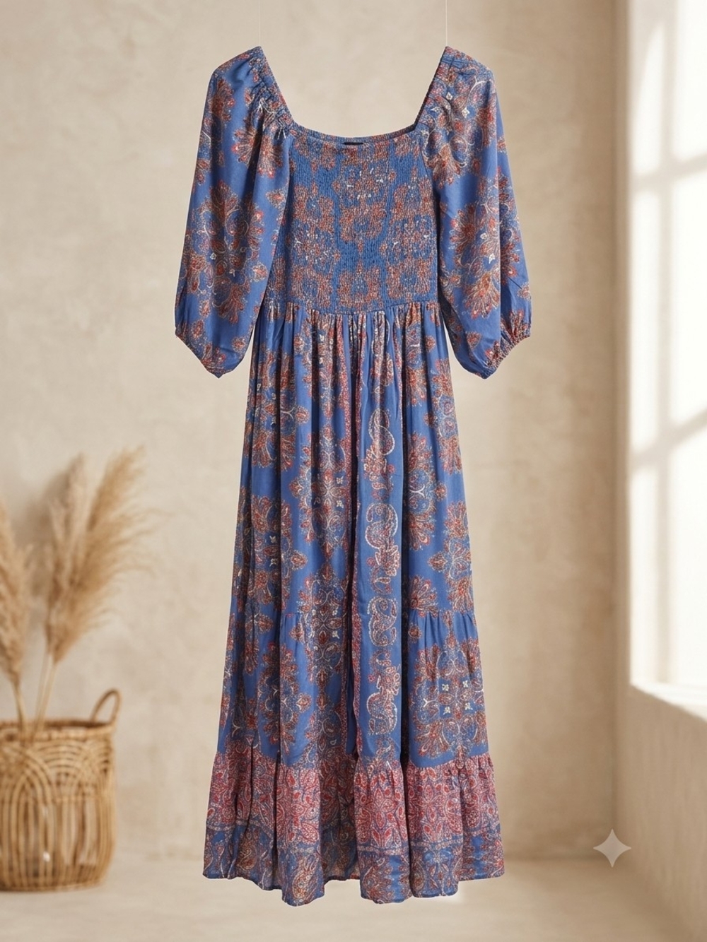 Angie Blue Paisley Smocked Maxi Dress